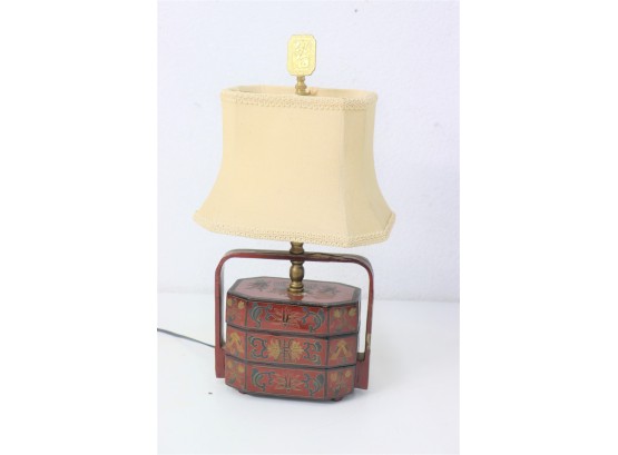 Asian Inspired Lamp: Red Lacquer Stacked Octagon Box With Carousel Bell Shade (side Support Damage See Photos)