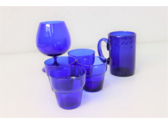 Group Lot Blue Glass Glasses! Snifter, Mug, And Juice Glasses