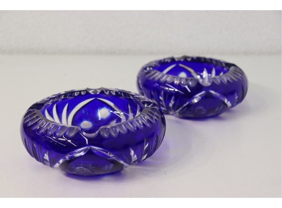 Two Bold Bohemian Blue Glass Cut To Clear Ashtrays (so Beautiful You'll Want To Pretend To Smoke)