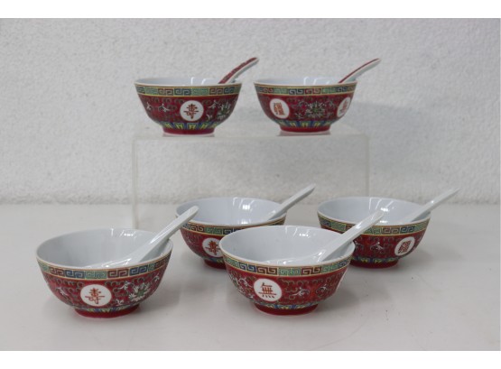 Set Of 6 Famille Rose Classic Pedestal Soup Bowls With Matching Spoons - Made In China