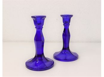 Set Of Two Cobalt Blue Glass Candlestick Holders