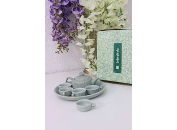 Chinese Heather Grey/Green Teapot, Tea Cup, And Round Tea Platter Set - Tiny Adjacent