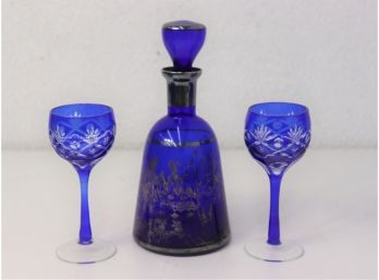Silver Band And Pictorial French Navy Blue Decanter With 2 Cobalt Blue Cut To Clear Wine Glasses