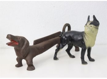 Two Vintage Painted Cast Iron Canine Cuties: Door Stop And Boot Cleaner At Your Service Master