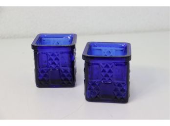 Cobalt Blue Pressed Glass Cube Votive Holders Diamond Lattice & Blank Repeat Pattern