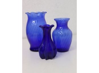 Group Lot Of 3 Cobalt Blue And Cobalt(ish) Texture Patterned Glass Vases