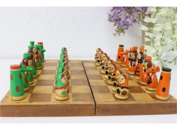 Russian Folk Art Style Painted Chess Set With Bi-color Wooden Board