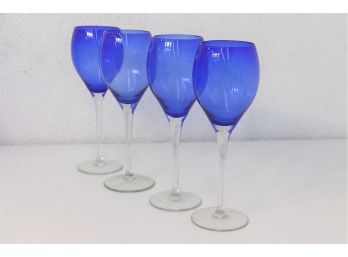Set Of Four Ultramarine Glass White Burgundy Wine Glasses