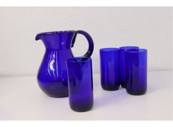 Blown Cobalt Blue Glass Pitcher With Four Matching Collins Glasses
