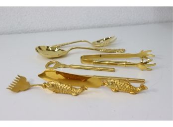 Group Lot Shiny Gold Plate Servers: Fish Service, Salad Set, Ice Tongs, Capped Bottle Opener