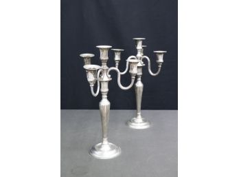 Pair Of Faded Silver-Plate Versatile Scroll Arm Candelabras - Single Stick With Four Arm Addition