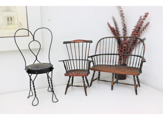 Mini Dollhouse Furniture Lot: Windsor Chair, Windsor Bench, And Sweetheart Wire Parlor Chair
