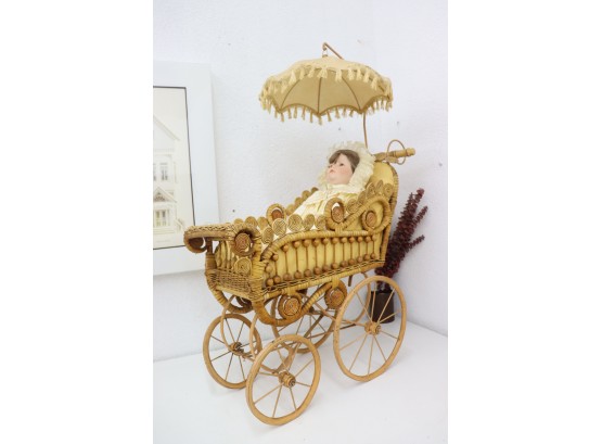 W. Tung Porcelain Doll Limited Edition #491/500 And Wicker Baby Carriage With Umbrella