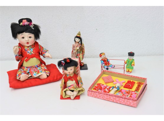 Group Lot Of Asian Dolls In Traditional Dress  And Boxed Set Of Small Kimono Dress Up Doll
