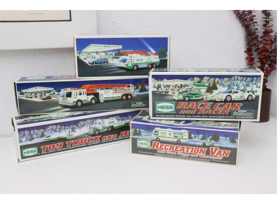Five Hess Commemorative Christmas Vehicle Models - Baller Garage Of Fire Trucks, Dune Buggy, Race Cars, RV