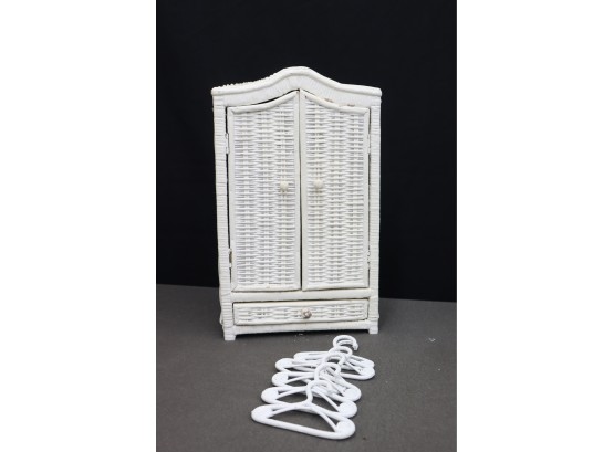 Dollhouse White Wicker Double Door Armoire With Bottom Drawer And Hangers