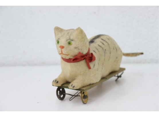 Vintage Tabby Cay Pull Toy - On Wood Board With Painted Metal Wheels