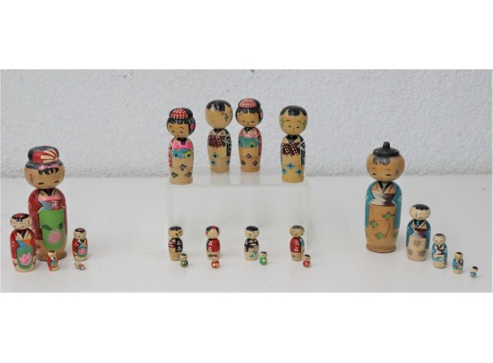 Group Lot Of Painted Wooden Nesting Dolls - Two 5-doll And Four 3-doll Combos