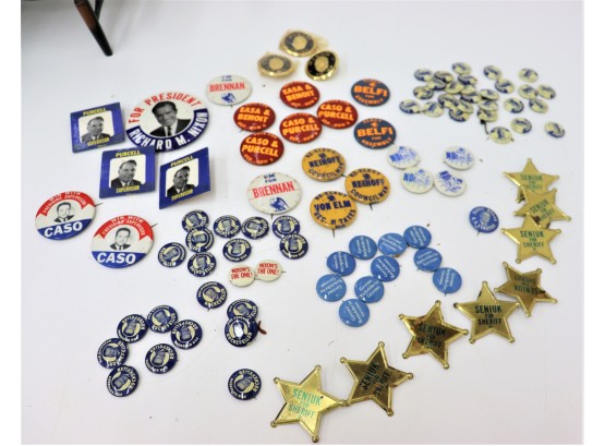 Collection Of Vintage Political Campaign Buttons, Many Multiples - From Seniuk For Sheriff To Nixon's The One
