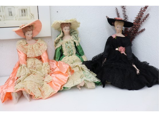 Trio Of Elegant Dolls In Full Victorian Gown Regalia