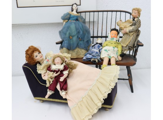 Fancy Day Care Group Lot Of Vintage Dolls And Crushed Blue Velvet Bling Chaise