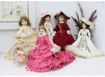 Gala Ballroom Doll Lot: Five Porcelain Ladies In Exquisite Evening Wear And One Baby In Wire Scroll Pram