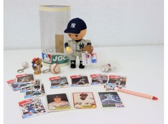 Baseball Tchotchke Lot: NY Yankee LittleJocks Figurine, Drake's Baseball Collector Cards, Key Chains, And More