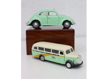Two Scale Model German Vehicles Made In China:  Mercedes-Benz Omni Bus And Volkswagen Type 1 (Beetle)