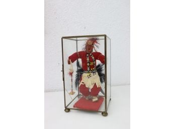Hand-Crafted Native American Dancer Figure Feather And Bead - In Glass Panel & Brass Showcase