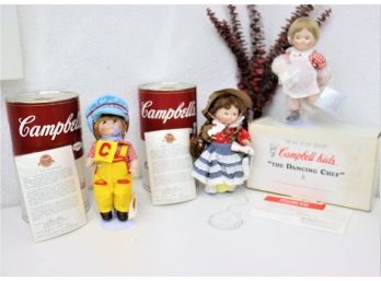 Three Campbell Kids Dolls With Cans - Danbury Mint - Dancing Chef, Engineer, And Cowgirl