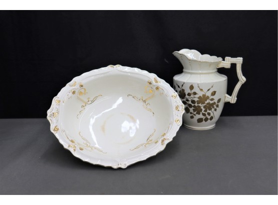 White And Gold Basin And Pitcher
