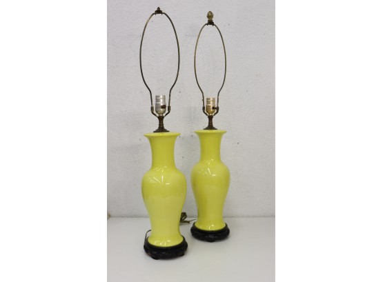 A Pair Of Brilliant Yellow Mansfield Vase Lamps
