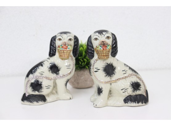 Pair Of Ceramic Canines Holding Flower Baskets
