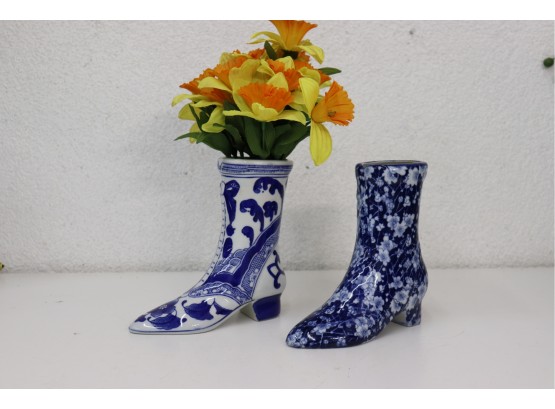 Two Chinese Blue & White Porcelain Boot Vases