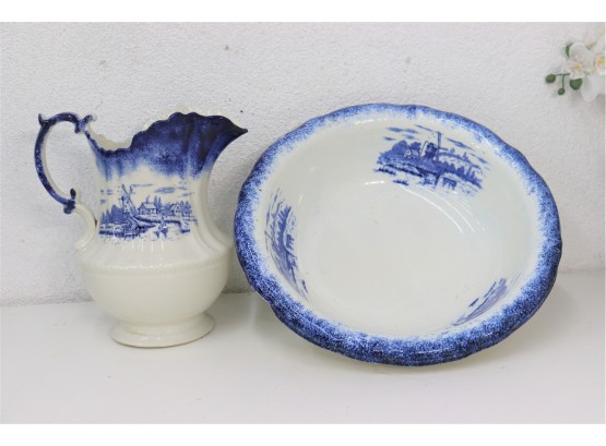 Avalon Blue & White Ceramic Basin And Pitcher