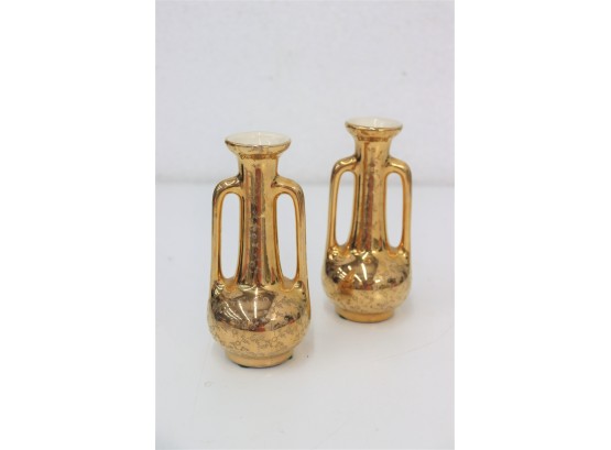 Pair Of MSCM Rose Gold Luster Glaze Double Arm Amphora Bud Vases
