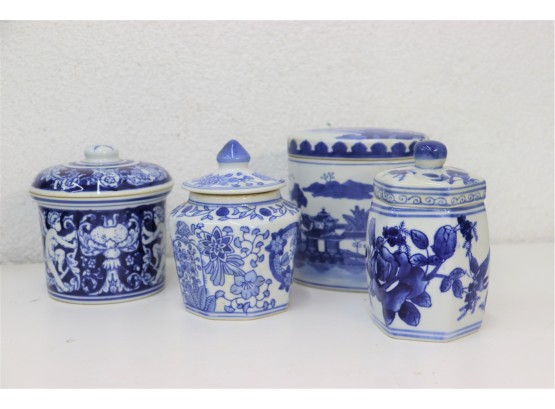 Quartet Of Decorative Porcelain Famille Blue Lidded Cannisters