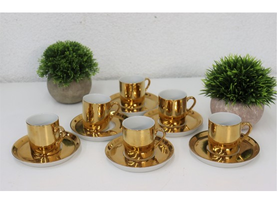 Six Vintage Porcelain Gold-Lustre Demi-Tasse Cups And Saucers - Fortunoff 'Sample'