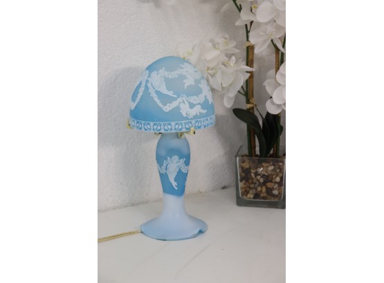 White Angel On Blue Glass And Porcelain Lamp