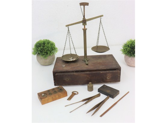 Antique Apothacary Brass Balance Scale With Weights, Tools, And Wood Box