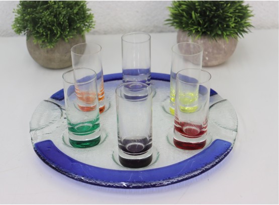 Shot Glass And Tray Set - Colored Textured Glass Tray With 6 Color Bottom Shot Glasses