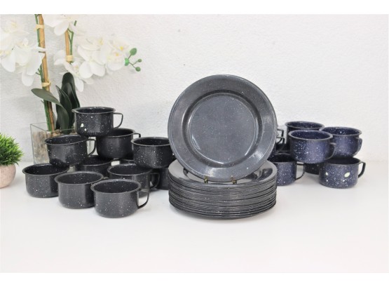 Plates And Mugs: Gang Of Black And Blue And White Enamel Splaterware