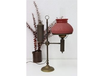 Vintage Cranberry Hobnail Glass Shade Student Style Lamp
