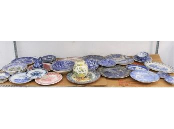 Shelf Lot Of Blue & Pink On White Plates And Tableware - Various Forms And Makers