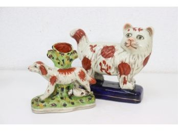 Staffordshire Style Odd Couple: Spaniel With Quail And Calico At Attention Figurines
