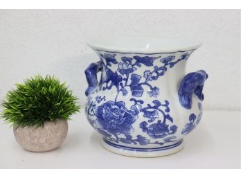 Blue & White Porcelain Wide Mouth Jardinire - Asian Character Bottom Stamp