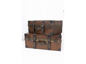 Decorative Old Style Nesting Wood, Leather, Brass Case And Trunk