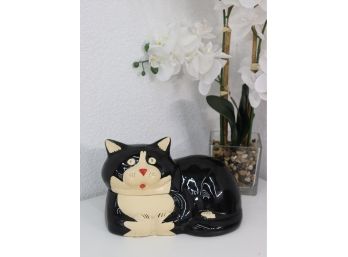 Glossy Black & White Ceramic Cat - Marked And Dated On Bottom