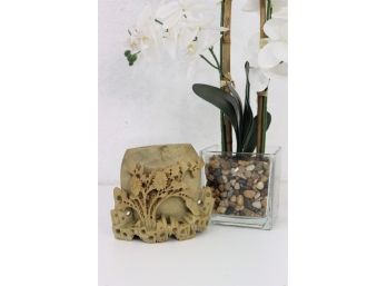 Carved Alabaster Floral Pictorial Oval Vase
