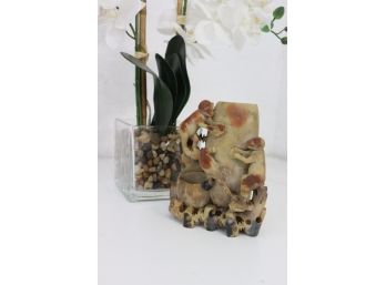 Monkey And Bird Jungle Red And Sand Onyx Carving